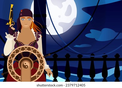 A pirate girl is sailing on a ship standing at the helm with a musket in her hand. Night pirate treasure hunting by moonlight. Vector illustration with a place for a logo or inscription.