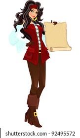 Pirate Girl With Scroll. Vector Illustration