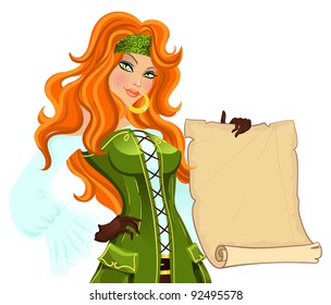 Pirate girl with scroll. Vector illustration