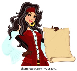 Pirate girl with scroll. Vector illustration