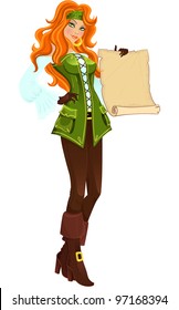 Pirate girl with scroll. Vector illustration