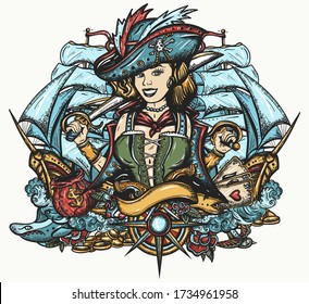 Pirate girl and ships. Cartoon character. Sea wolf female. Crime sailor woman portrait, pin up style. Old school tattoo art. Marine adventure t-shirt design 