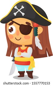 Pirate girl stands with his arms crossed. Cute girl dressed in а pirate costume. Vector illustration.