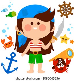 A pirate girl with a sword and other pirate objects. Vector illustration set