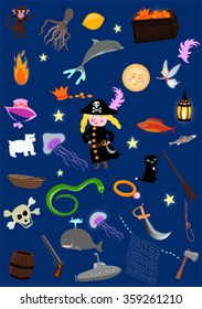 Pirate girl with pirate things, vector illustration