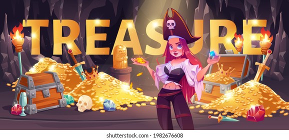 Pirate girl in treasure cave cartoon banner, young woman in filibuster costume and cocked hat hold golden coins and gem in ancient fantasy magic tomb or mine with loot, Cartoon vector illustration