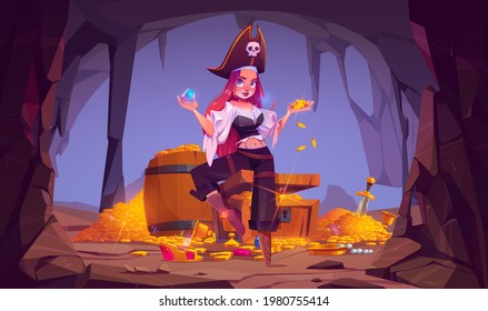 Pirate girl in treasure cave, young woman in filibuster costume and leg prosthesis hold golden coins and gems sitting on wooden chest in ancient fantasy magic tomb or mine, Cartoon vector illustration