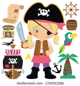 Pirate girl vector cartoon illustration