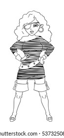 Pirate girl in the vest, boots and eye patch. Vector character design isolated on white background. Coloring page