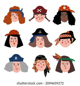 Piratenfrauen sind mit Kollektion konfrontiert, süße Portraits in Hut, Bandana mit Ohrringen. Erwachsene, Jugendliche, Mädchen lustige Illustrationen für Avatare, Piratenparty, Selfie-Foto, soziale Medien.