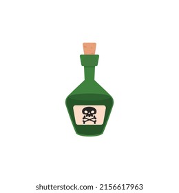Pirate glass bottle of rum or poisonous drink, flat vector illustration isolated on white background. Pirate adventures element. Bottle with beverage and skull and bones sign.