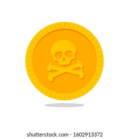 Pirate gold coin icon with a skull. Pirate doubloon.