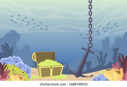 Pirate Gold Treasure Chest Anchor Marine Coral Underwater Ocean Illustration
