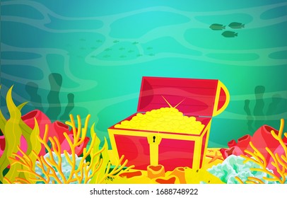 Pirate Gold Treasure Chest Marine Coral Reef Underwater Ocean Illustration