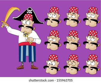 A pirate with a golden sword and a key, plus nine different facial expressions