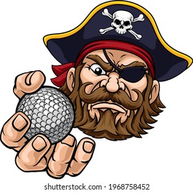 A pirate golf sports mascot cartoon character holding a ball 
