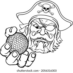 A pirate golf sports mascot cartoon character holding a ball 
