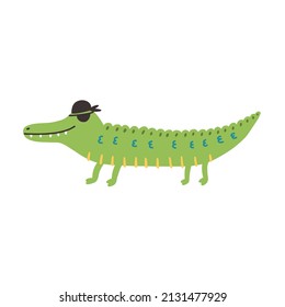 Pirate green crocodile animal. Doodle illustration safari sailor character Hand drawn nursery baby scandinavian style, kids clipart naive art
