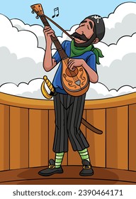 Pirate with Guitar Colored Cartoon Illustration