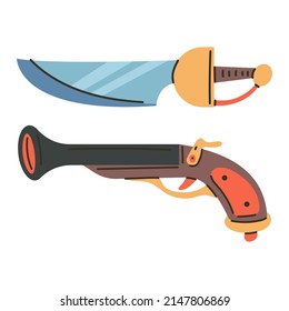 Piratenpistole und graue Vektorgrafik-Illustration einzeln auf weißem Hintergrund.