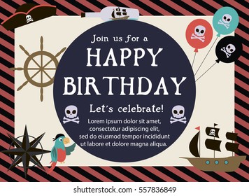 Pirate Happy Birthday invitation card template. Vector illustration