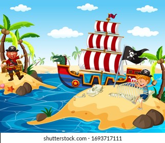 Pirate and happy boy sailing in the ocean illustration