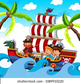 A Pirate with Happy Kids on Ship illustration