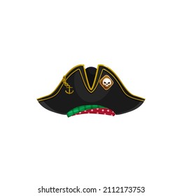 Pirate hat, captain headgear sailor cap with jolly roger skull, chain and anchor isolated cartoon seafarer hat. Vector buccaneer filibuster, tricorn black cap. Seafarer headdress, piracy symbol