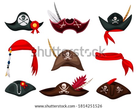 Pirate hat. Carnival pirate mask, hat and bandana costume collection. Festive clothes accessory. Filibuster headgear outfit isolated set. Vector buccaneer headdress. Sea piracy cap illustration ストックフォト © 