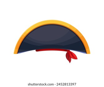 Sombrero pirata o corsario capitán tricornio con bandana para disfraz de carnaval, Vector de dibujos animados. Máscara de efecto facial de pirata caribeño o sombrero de marinero corsario con tibias cruzadas de la bandera de Jolly Roger