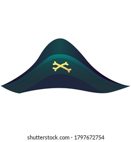 Pirate hat with crossbones vector illustration isolated on white. Wide-brimmed hat. Pirate captain's hat. Captain accessories. Halloween costume. Piracy attribute for Saint Patrick's day