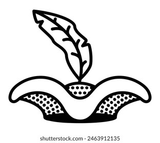 Pirate hat with feather, corsair nautical costume part, sea bandit headdress, vector black line illustration