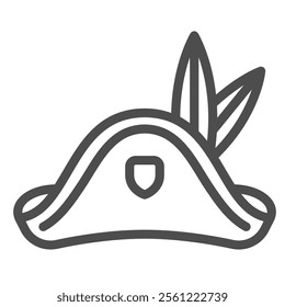 Pirate hat with feather line icon, sea sailor headwear concept. Vector graphics. Bandit man cap sign on white background, outline style icon for mobile or web design