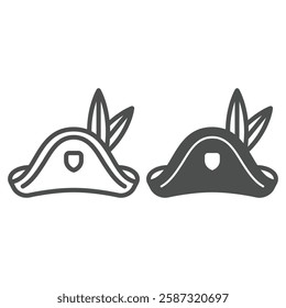 Pirate hat with feather line and solid icon, sea sailor headwear concept. Vector graphics. Bandit man cap sign on white background, outline style icon for mobile or web design