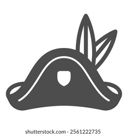 Pirate hat with feather solid icon, sea sailor headwear concept. Vector graphics. Bandit man cap sign on white background, glyph style icon for mobile or web design