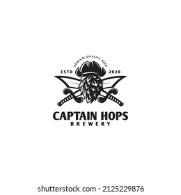 pirate hat with hops logo inspiration, captain hops logo design, vintage, brewery, beer, vector