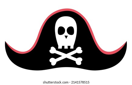 Pirate hat icon. Black cocked accessory with skull and crossed bones. Marine treasure hunt headwear isolated on white background
