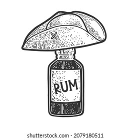 pirate hat on a bottle of rum sketch engraving vector illustration. T-shirt apparel print design. Scratch board imitation. Black and white hand drawn image.