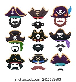 Pirate hat set collection, silhouette of the captain of a pirate ship in a hat with a skull and crossbones. Bearded pirate in a hat and eye patch isolated on white background, vector illustration.