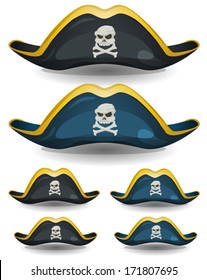 Pirate Hat Set/ Illustration Of A Set Of Cartoon Pirate Or Corsair Hat With Skull Head And Cross Bones Insignia