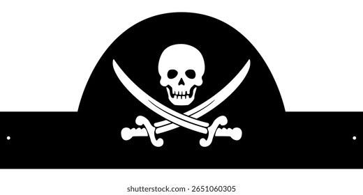 Pirate hat silhouette with skull and crossed swords emblem. Clipart image.