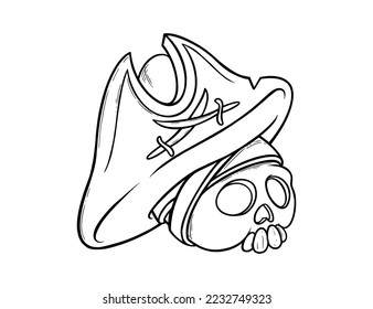 Pirate hat sketch on a skull. Corsair skull in tricorn hat with pirate symbol of crossed swords. Vector illustration isolated in white background