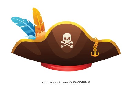Pirate hat with skull, crossbones and feathers cartoon illustration