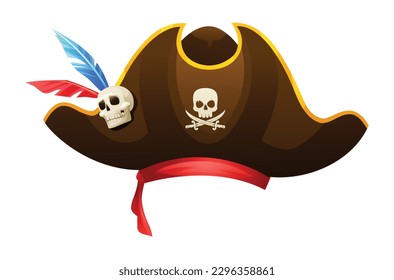 Pirate hat with skull, crossbones and feathers vector illustration