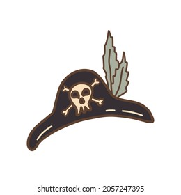 Pirate hat with skull and feathers. Colorful vector isolated illustration hand drawn outline outfit element