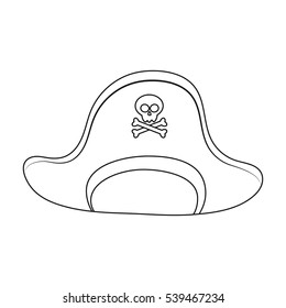Pirate hat with skull icon in outline style isolated on white background. Pirates symbol stock vector illustration.