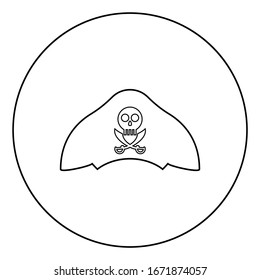 Pirate hat with skull and saber cutlass icon in circle round outline black color vector illustration flat style image