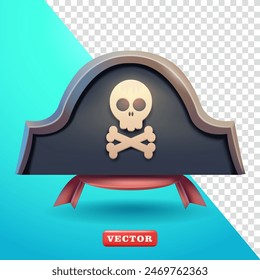 Pirate hat with skull symbol, 3d vector. Suitable for design elements and game elements