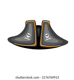 Pirate Hat. Pirate triangle decorated with pirate emblem skull and bones. Element for game, postcards. Vector flat illustration, cartoon style.