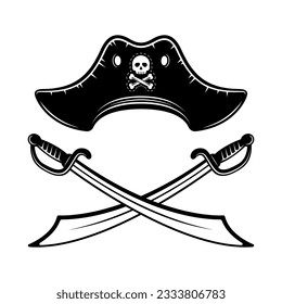 Pirate hat and two crossed sabers vector monochrome style illustration on graphic objects isolated on white background